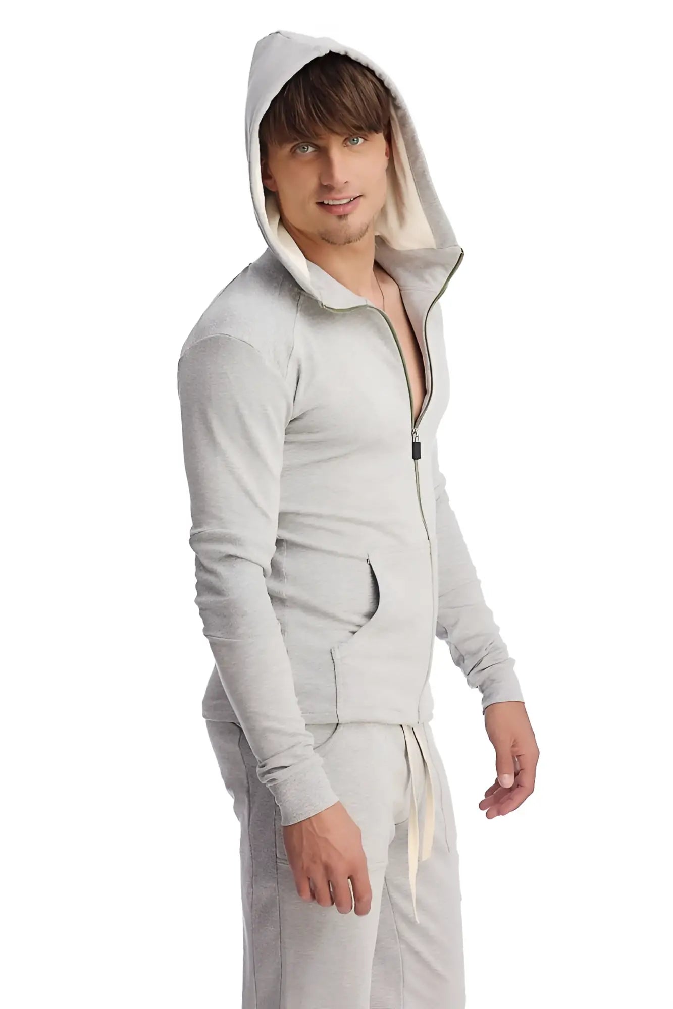 Edge form-fit crossover yoga track performance hoodie in heather grey with fleece-lined interior and drawstring waistband
