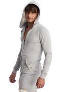 Light gray edge form-fit crossover yoga track performance hoodie with long sleeves zipper front pocket and matching hood