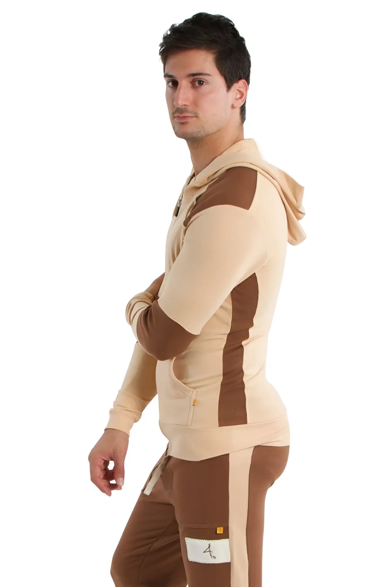 Beige and brown color-blocked edge form-fit crossover yoga track performance hoodie with hood and cargo pants