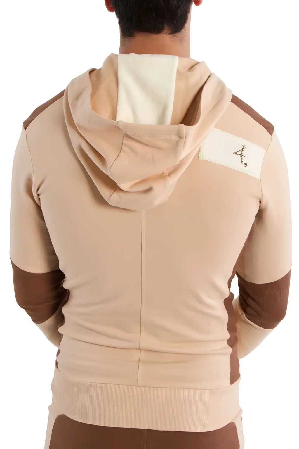 Beige and brown color-blocked edge form-fit crossover yoga track hoodie with white shoulder patch and black logo
