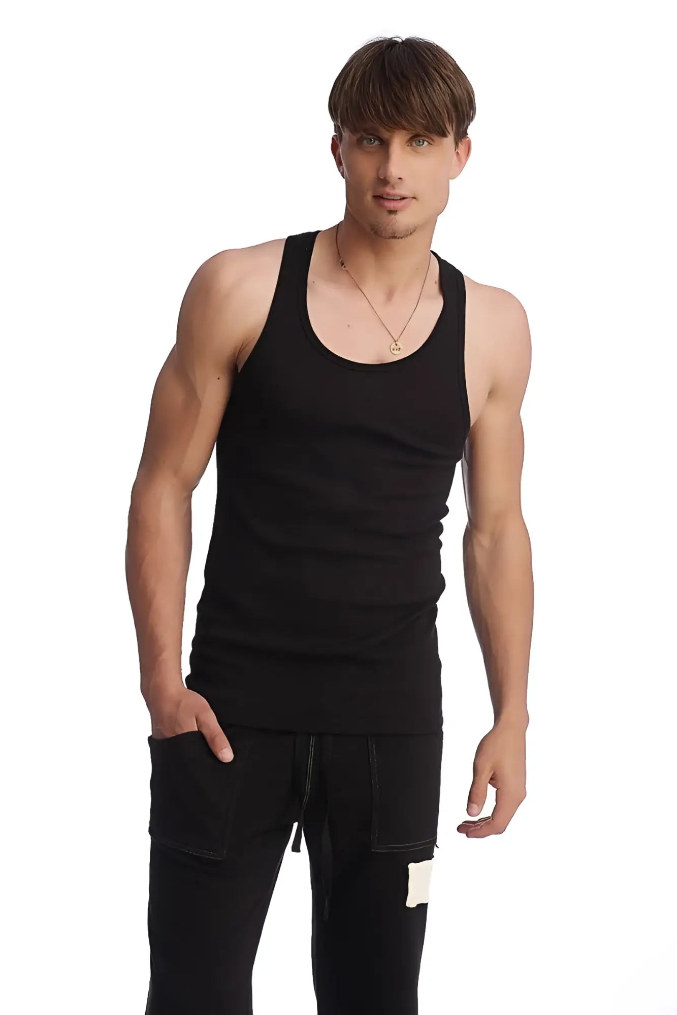 Black sleeveless edge sustain tank top with rounded neckline and fitted silhouette suitable for casual wear