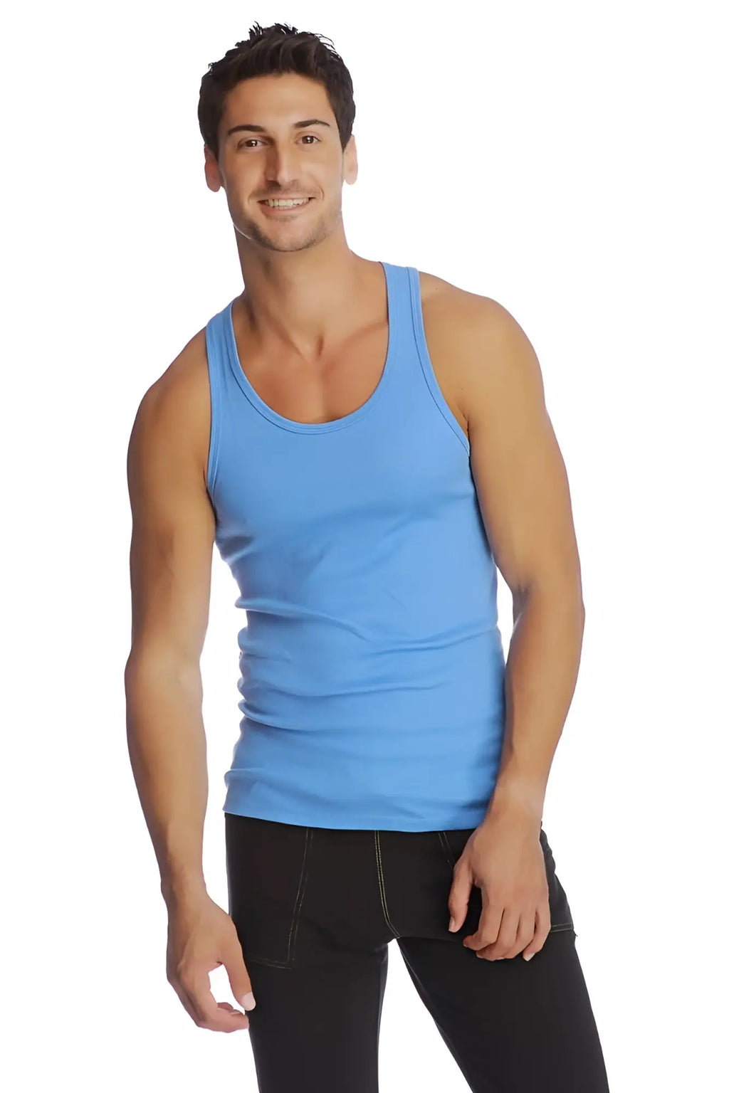 A light blue sleeveless fitted tank top with rounded neckline in edge sustain fabric called ice color