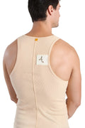 Beige ribbed cotton edge sustain tank top back with central zipper and white label featuring black calligraphy
