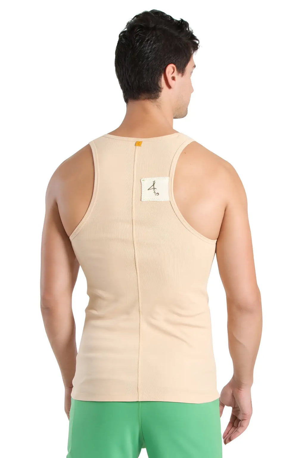Beige ribbed cotton edge sustain tank top back side with central zipper and small white label in sand beige