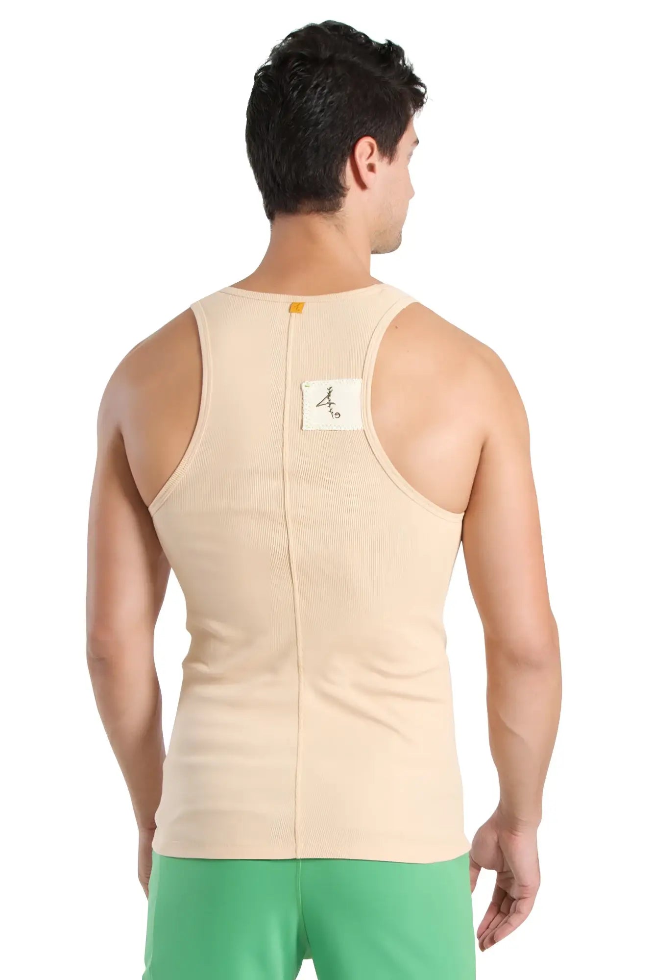Beige ribbed cotton edge sustain tank top back side with central zipper and small white label in sand beige