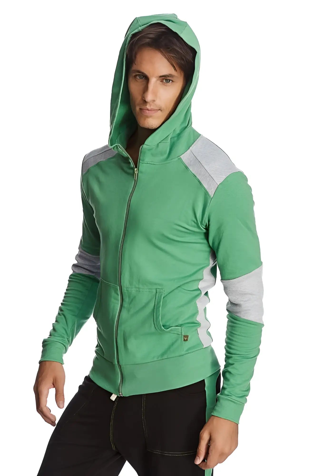 Form-fit crossover yoga track performance hoodie in bamboo green with gray panel accents on shoulders and sleeves