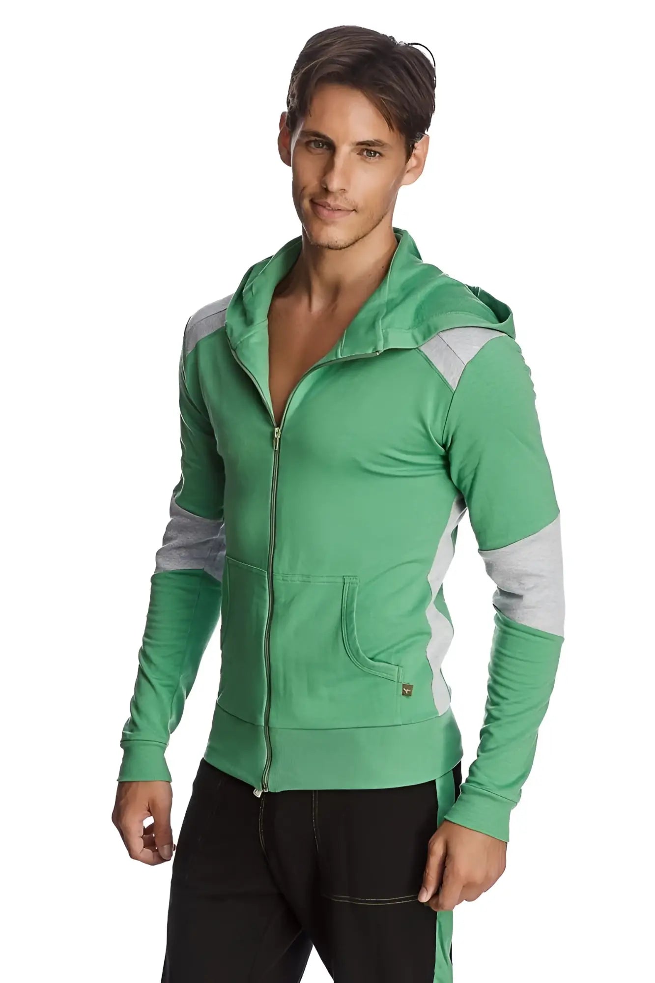 Form-fit crossover yoga track performance hoodie in bamboo green with gray panel accents on shoulders and sleeves