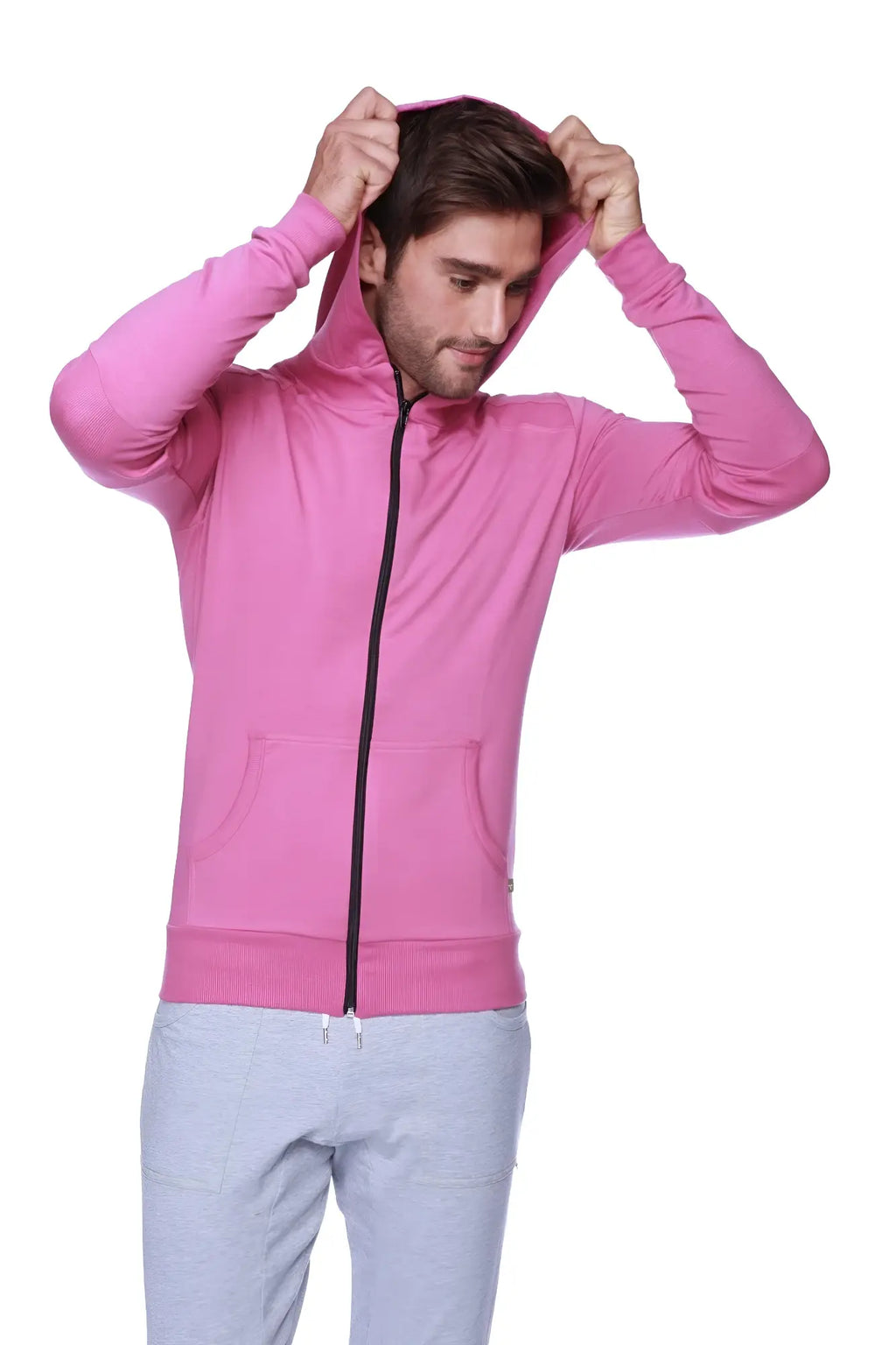 A vibrant berry form-fit crossover yoga track performance hoodie with a black zipper and front pockets