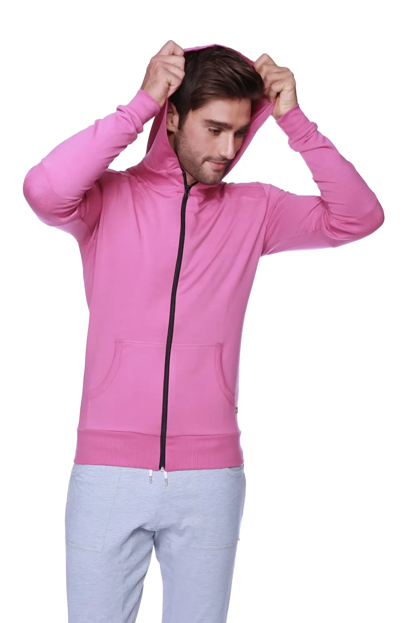 A vibrant berry form-fit crossover yoga track performance hoodie with a black zipper and front pockets