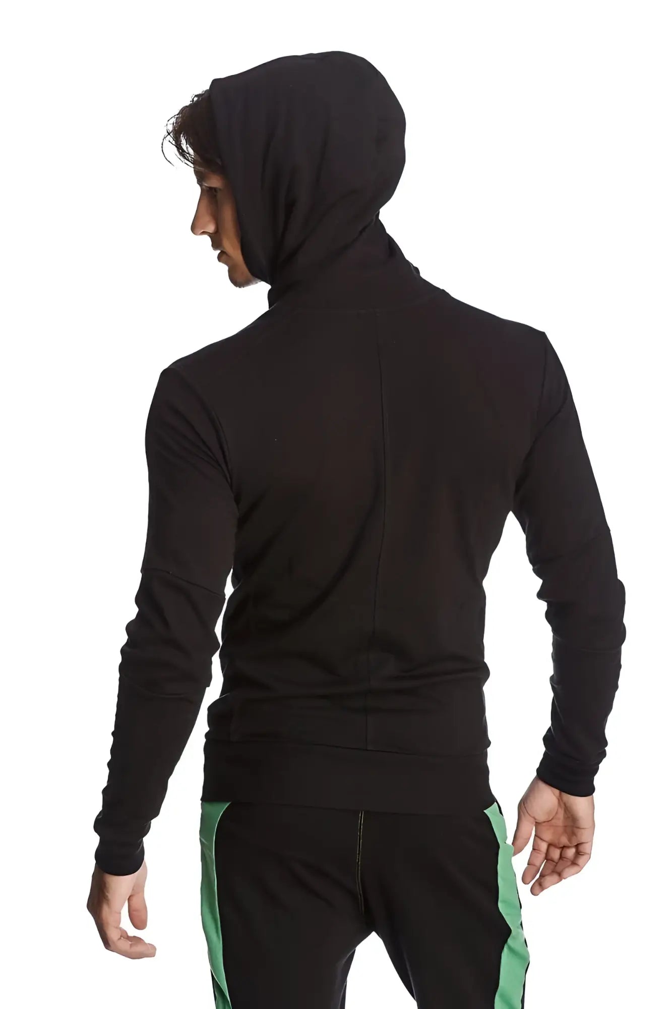 Back view of black form-fit crossover yoga track performance hoodie with subtle seam detail and green zipper