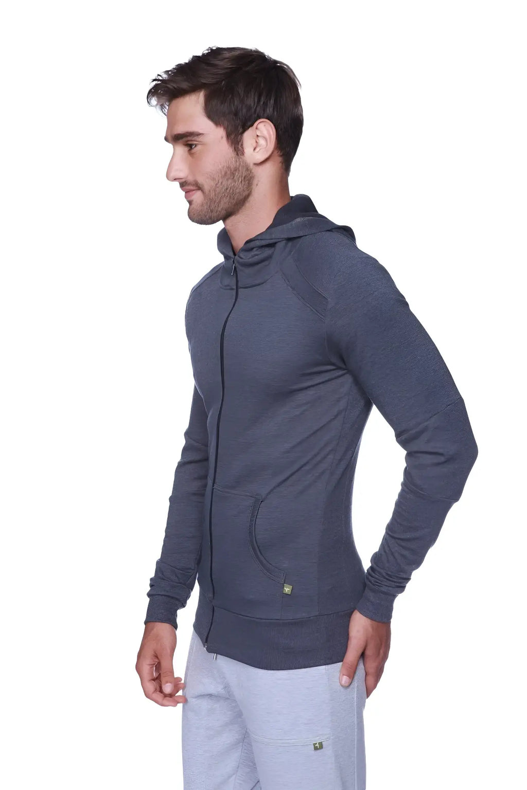 Form-fit crossover yoga track performance hoodie charcoal in dark gray heathered textured fabric with drawstring hood