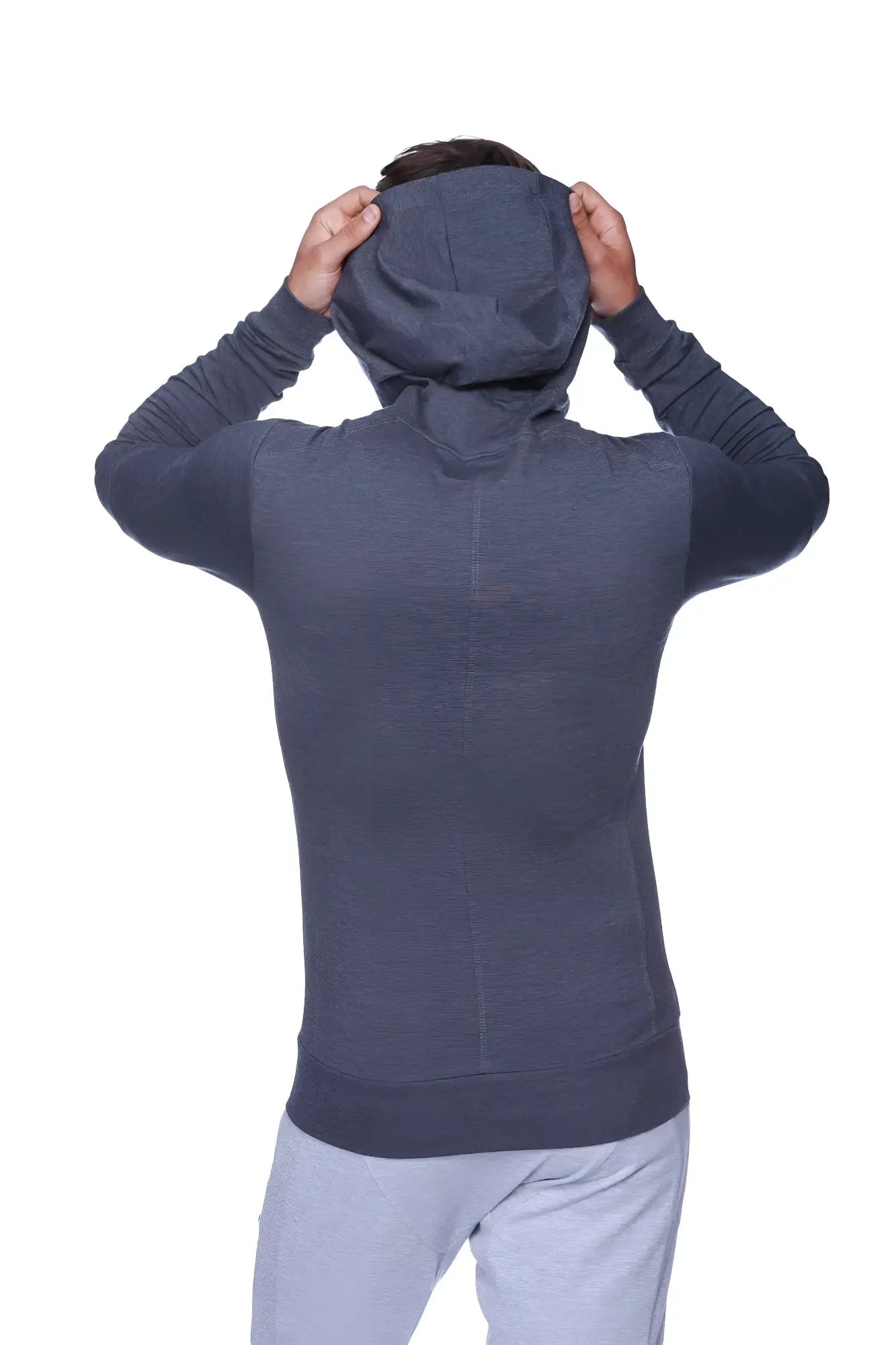 Dark gray form-fit crossover yoga track performance hoodie with textured fabric and long sleeves