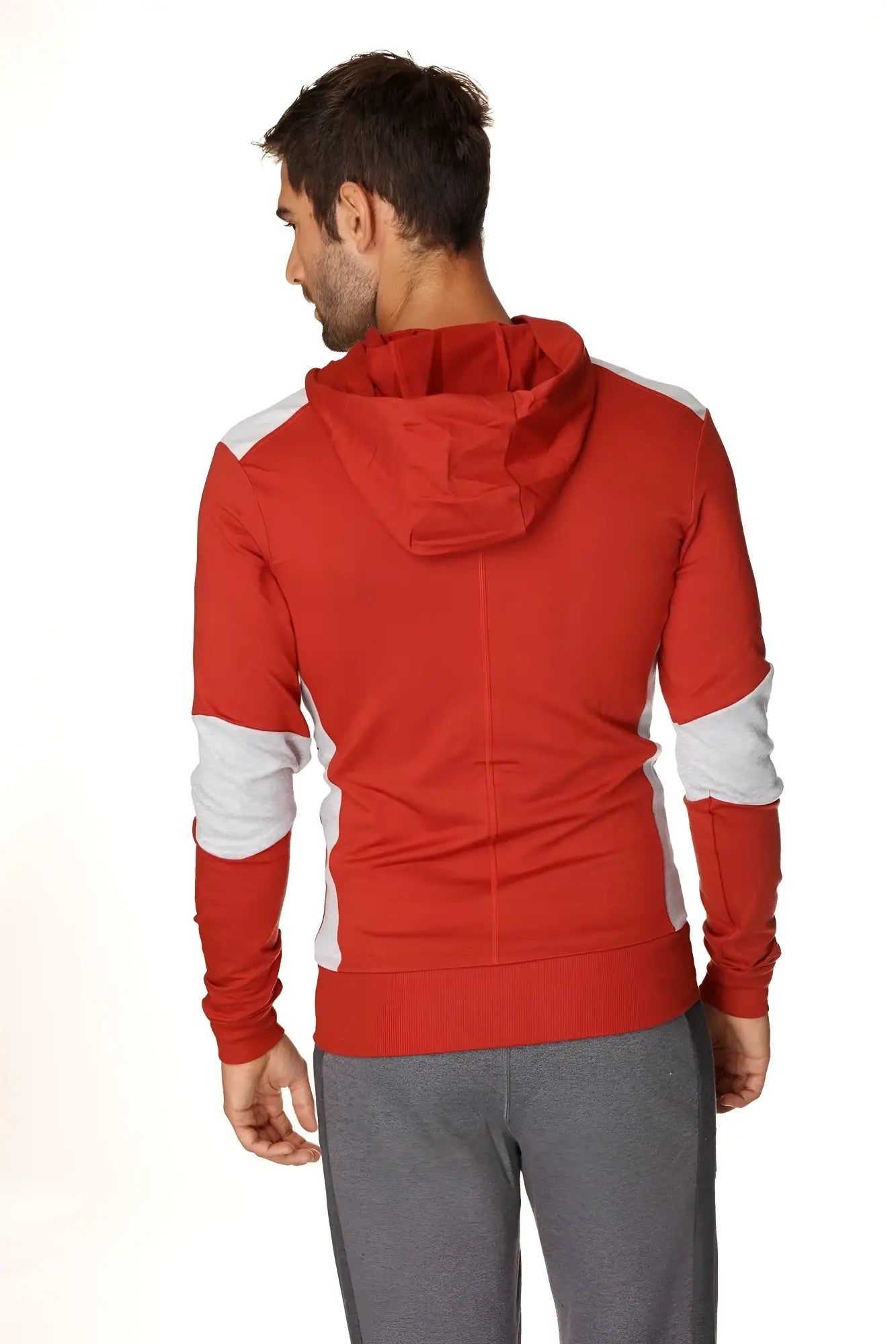 Form-fit crossover yoga track performance hoodie in cinnabar grey red and white with contrasting shoulder and side panels