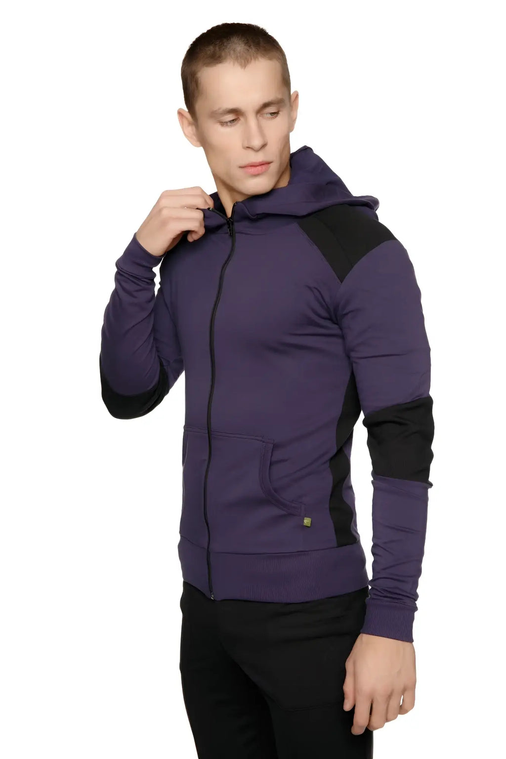Form-fit crossover yoga track performance hoodie in eggplant and black with zip-up front and contrasting shoulder panels