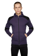 Form-fit crossover yoga track performance hoodie in eggplant and black with zip-up front and contrasting shoulder panels