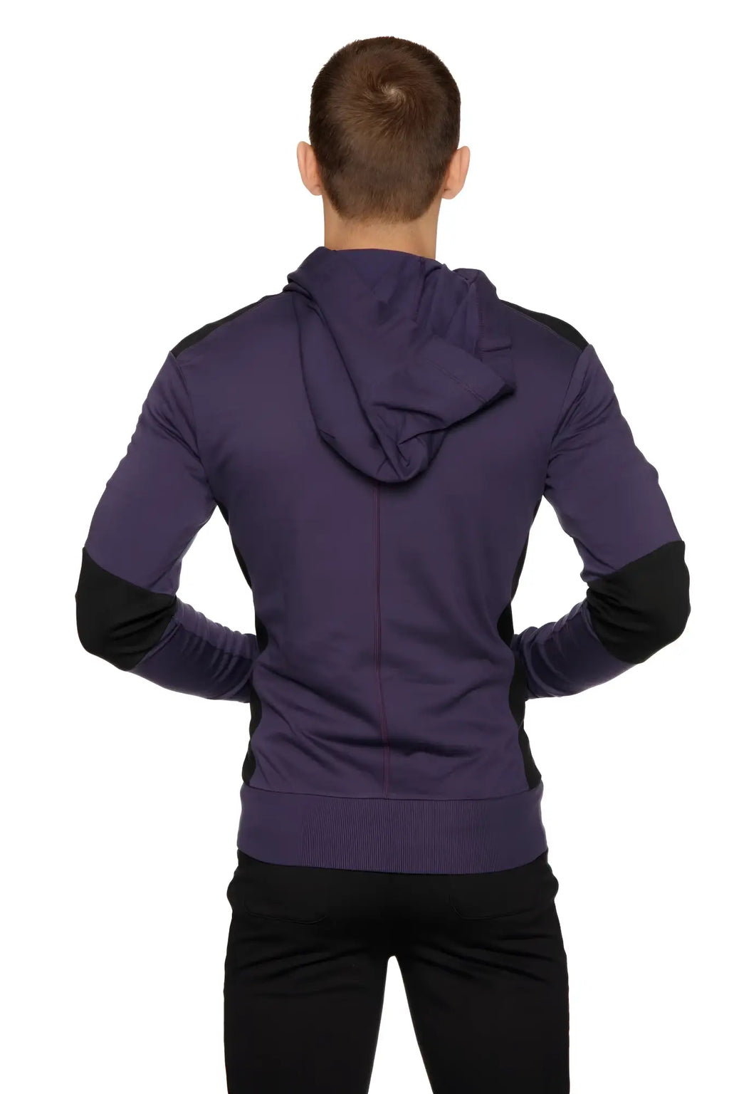 Form-fit crossover yoga track performance hoodie in eggplant and black with contrasting sleeve panels and zip-up front