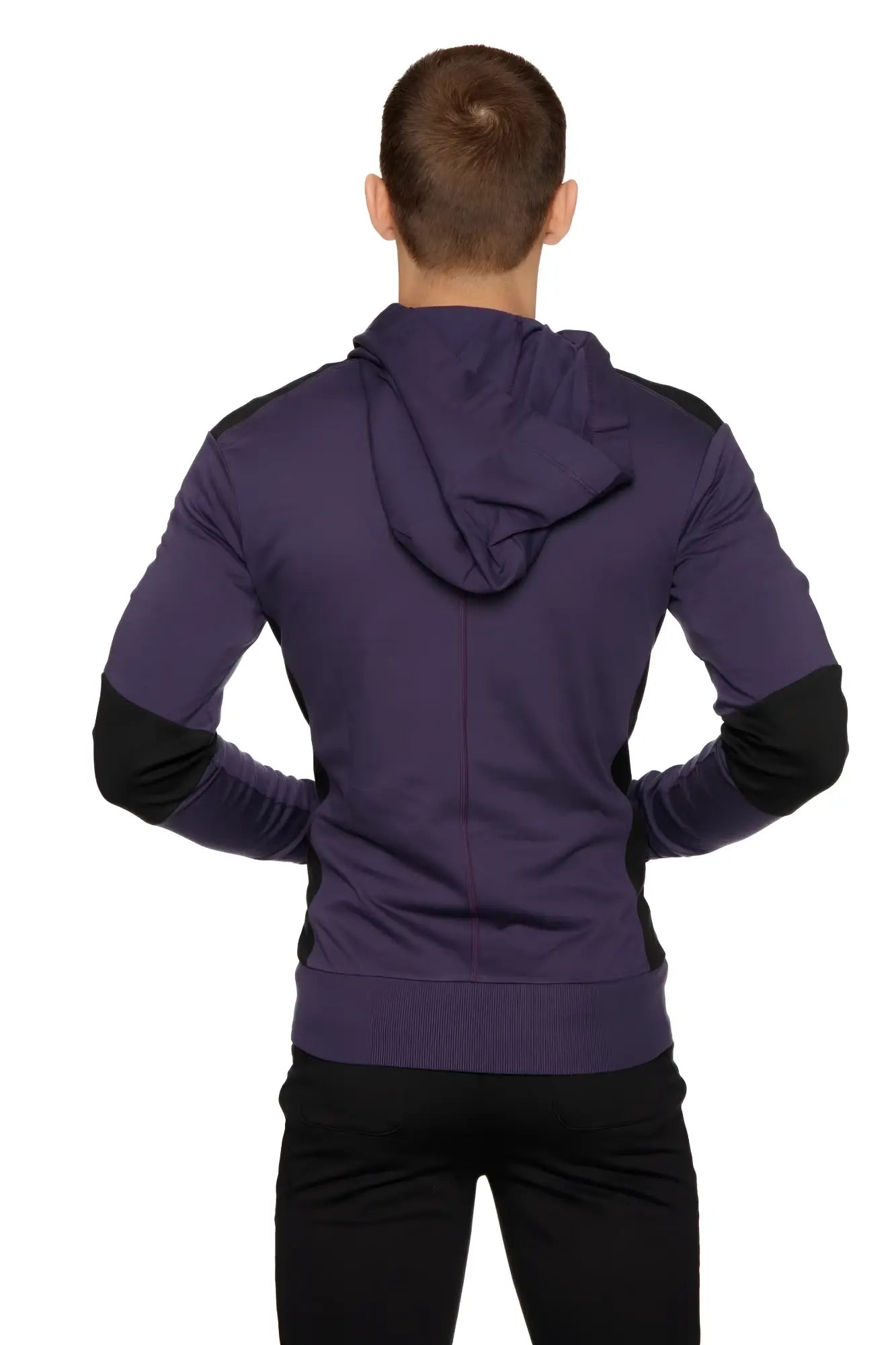 Form-fit crossover yoga track performance hoodie in eggplant and black with contrasting sleeve panels and zip-up front