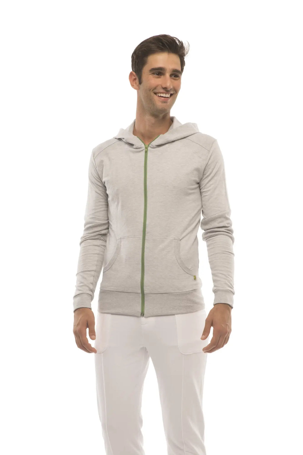 Form-fit crossover yoga track performance hoodie in heather gray with subtle textured fabric and green zipper