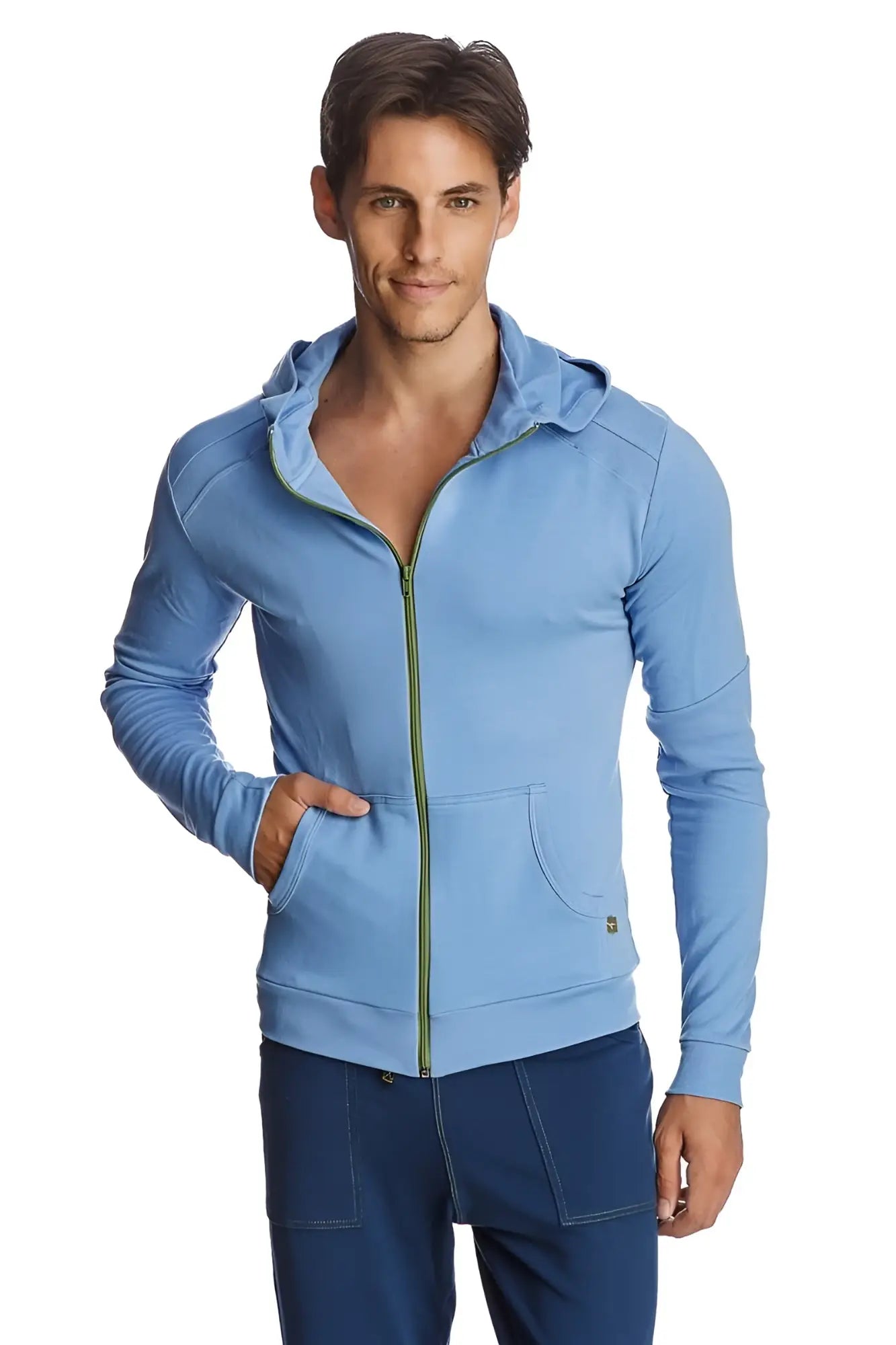 Form-fit crossover yoga track performance hoodie ice blue with green zipper trim and front pockets for activewear