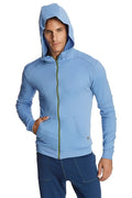 Form-fit crossover yoga track performance hoodie in ice blue with green zipper and subtle seam detailing