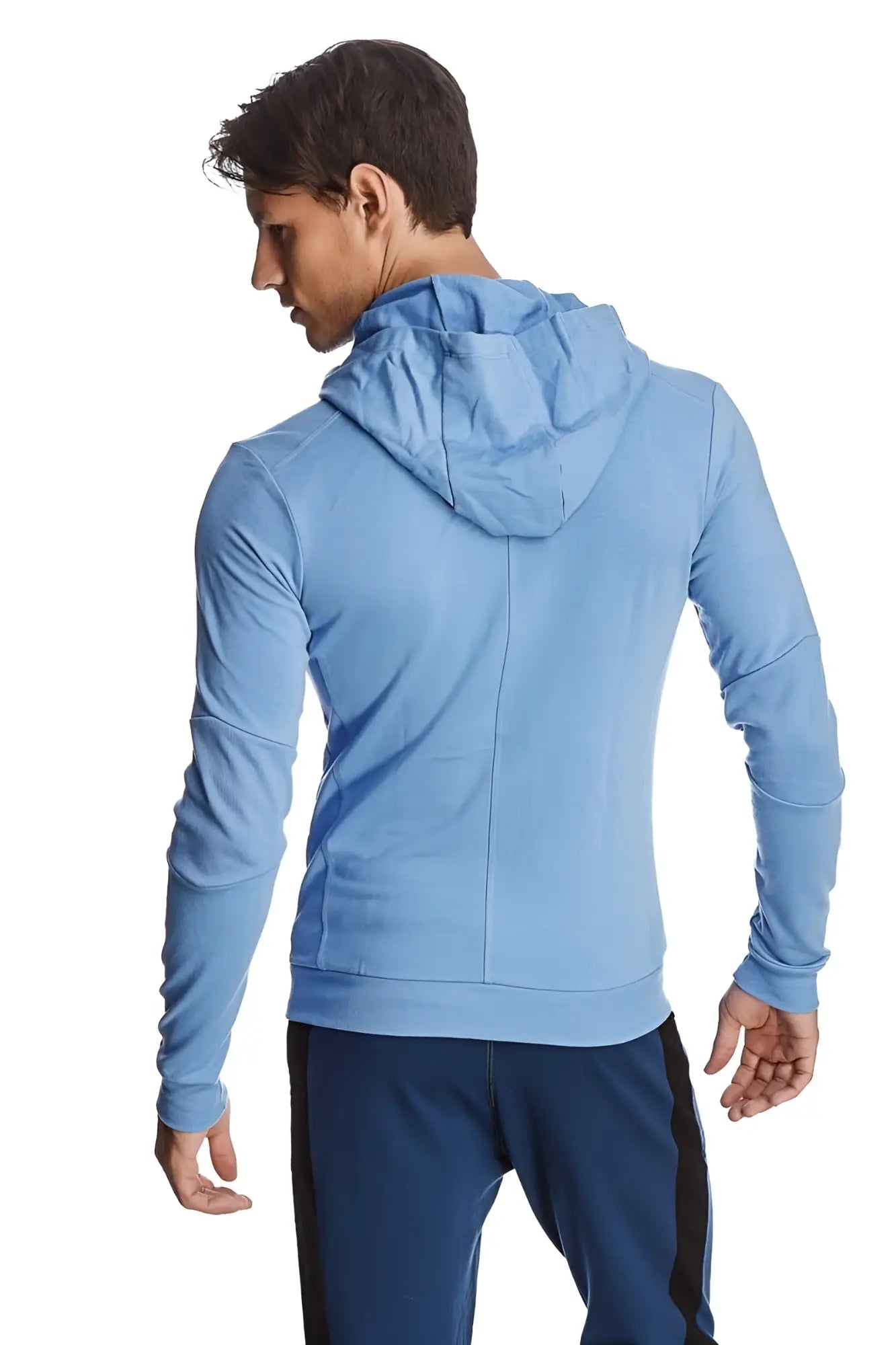Light blue form-fit crossover yoga track performance hoodie with long sleeves and a sleek athletic cut