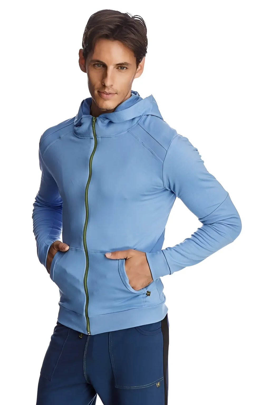 Light blue form-fit crossover yoga track performance hoodie with green zipper and textured shoulder panels