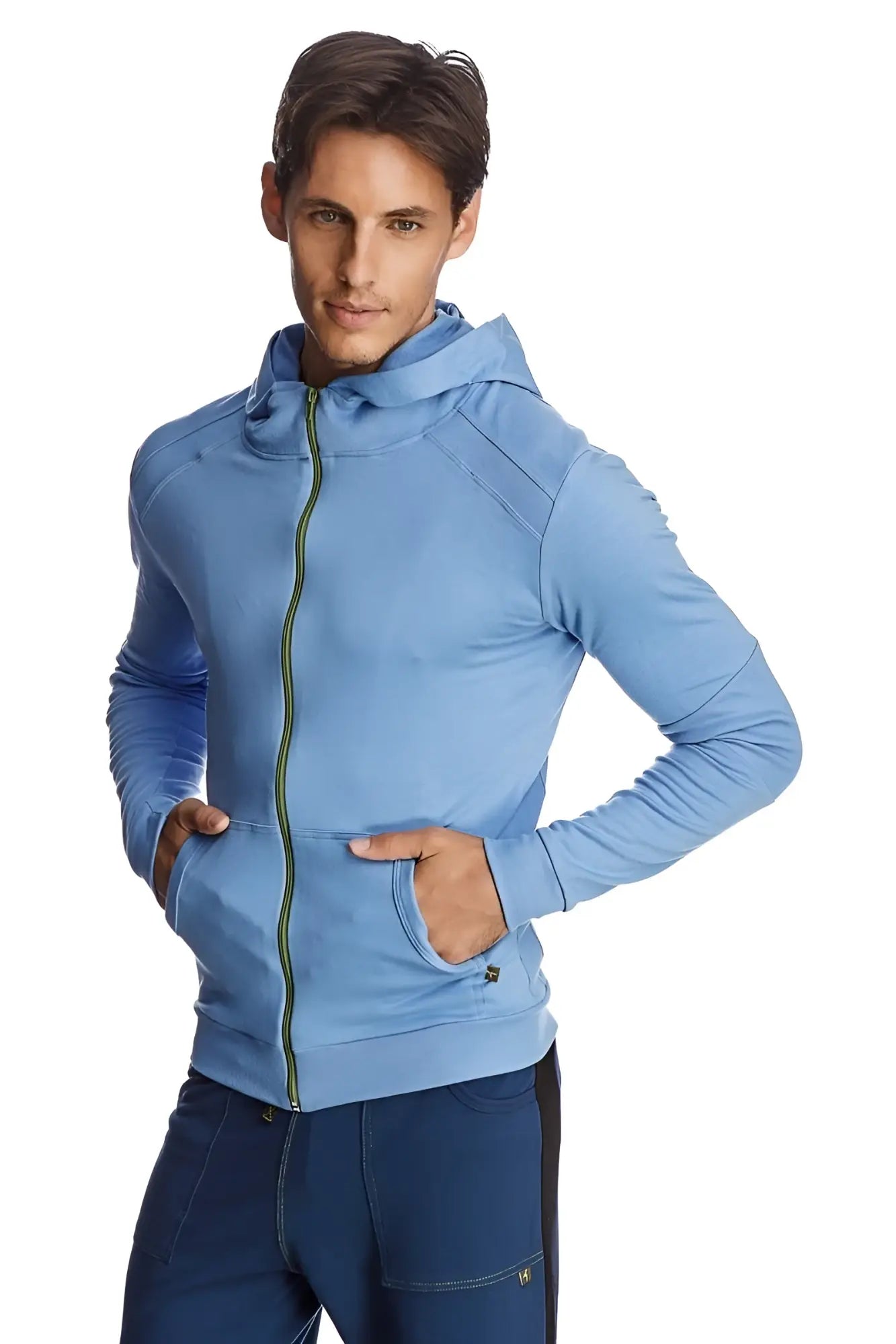 Light blue form-fit crossover yoga track performance hoodie with green zipper and textured shoulder panels