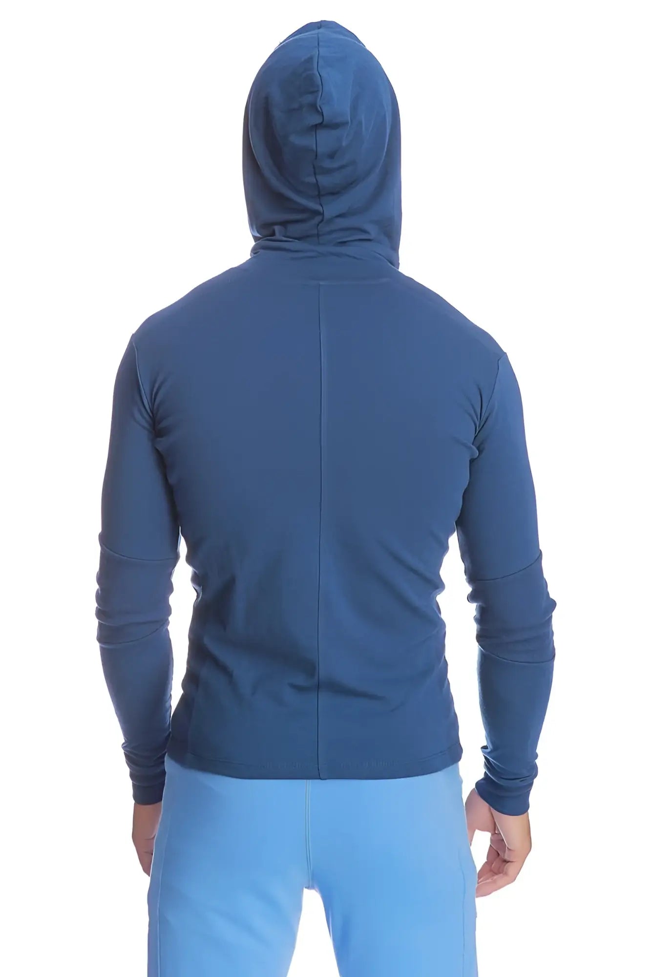 Blue hooded long sleeve athletic top with central back seam form fit crossover yoga track performance hoodie royal