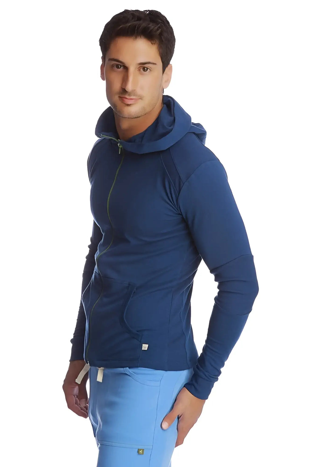 Navy blue form-fit crossover yoga track hoodie with zip front, textured fabric, and matching drawstring hood for performance