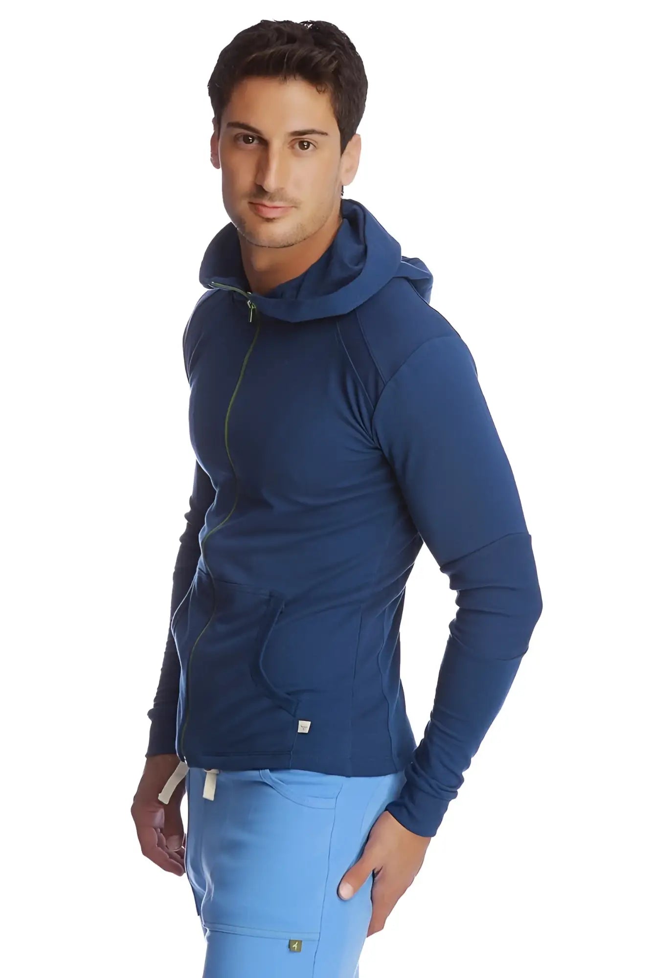 Navy blue form-fit crossover yoga track hoodie with zip front, textured fabric, and matching drawstring hood for performance