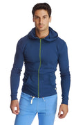 Navy blue form-fit crossover yoga track performance hoodie with lime green zipper and white waistband drawstrings