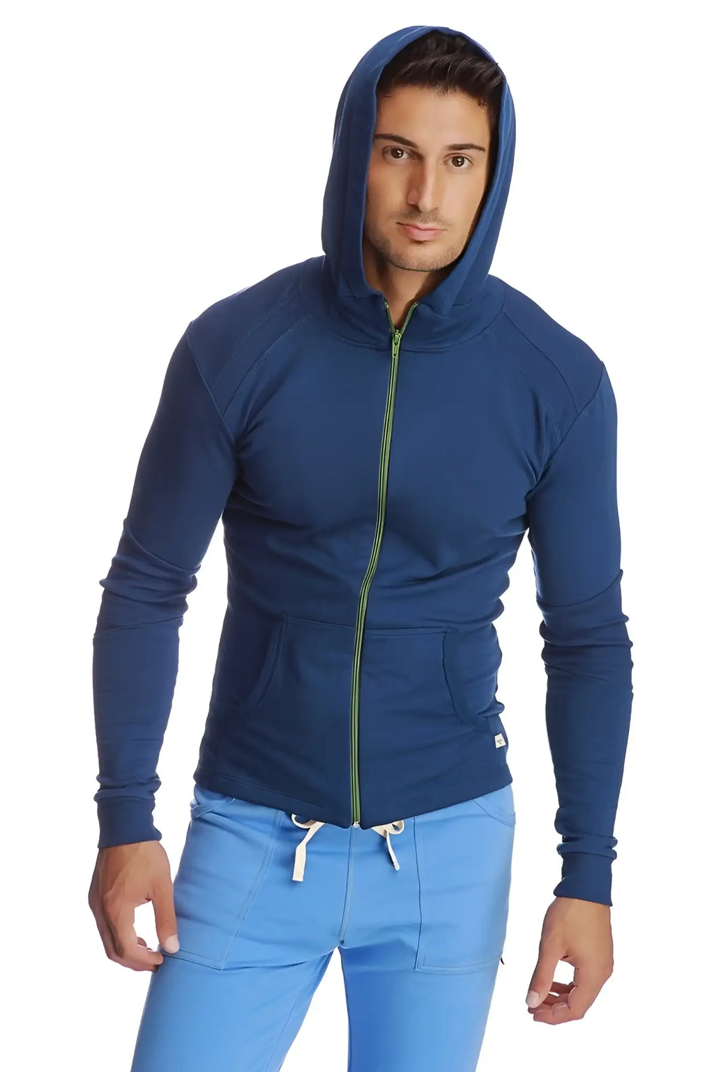 Navy blue form-fit crossover yoga track performance hoodie with lime green zipper and white drawstrings royal color