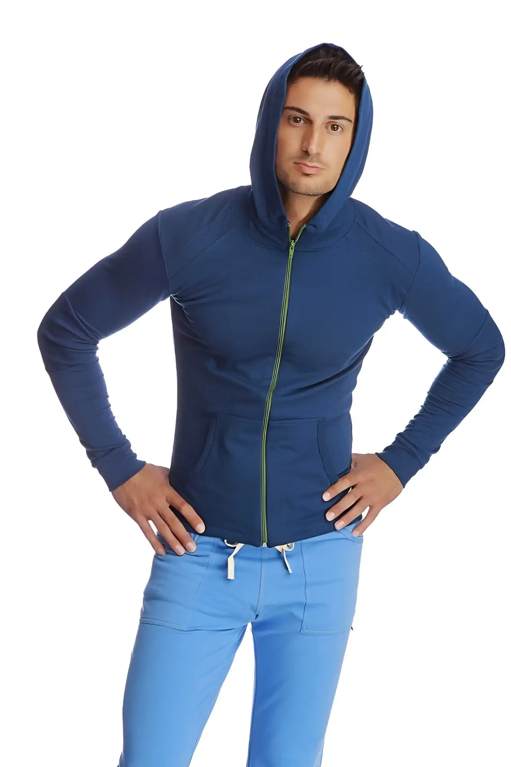 Form-fit crossover yoga track performance hoodie in navy blue with lime green zipper and white drawstrings for active wear