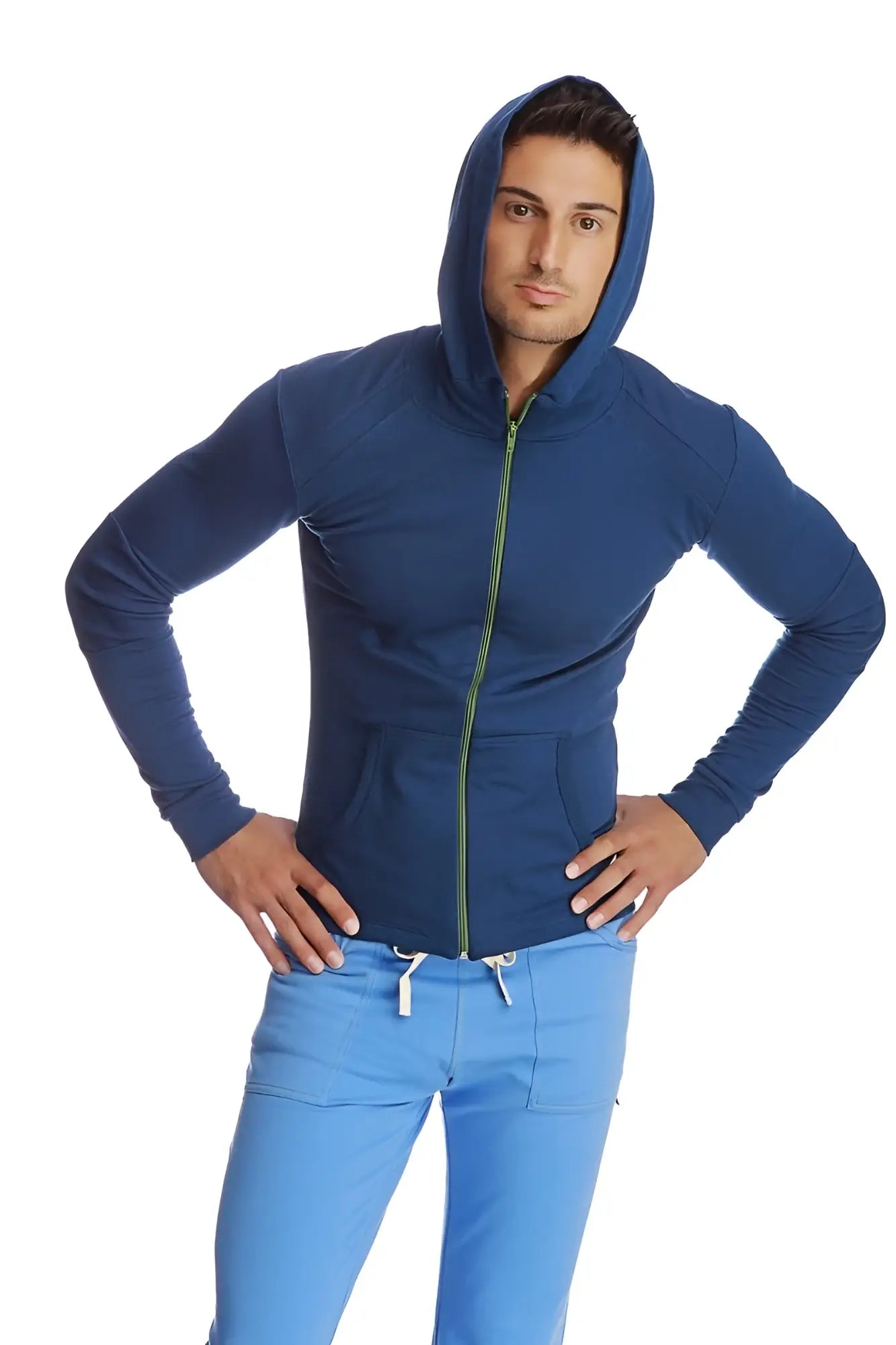 Form-fit crossover yoga track performance hoodie in navy blue with lime green zipper and white drawstrings for active wear
