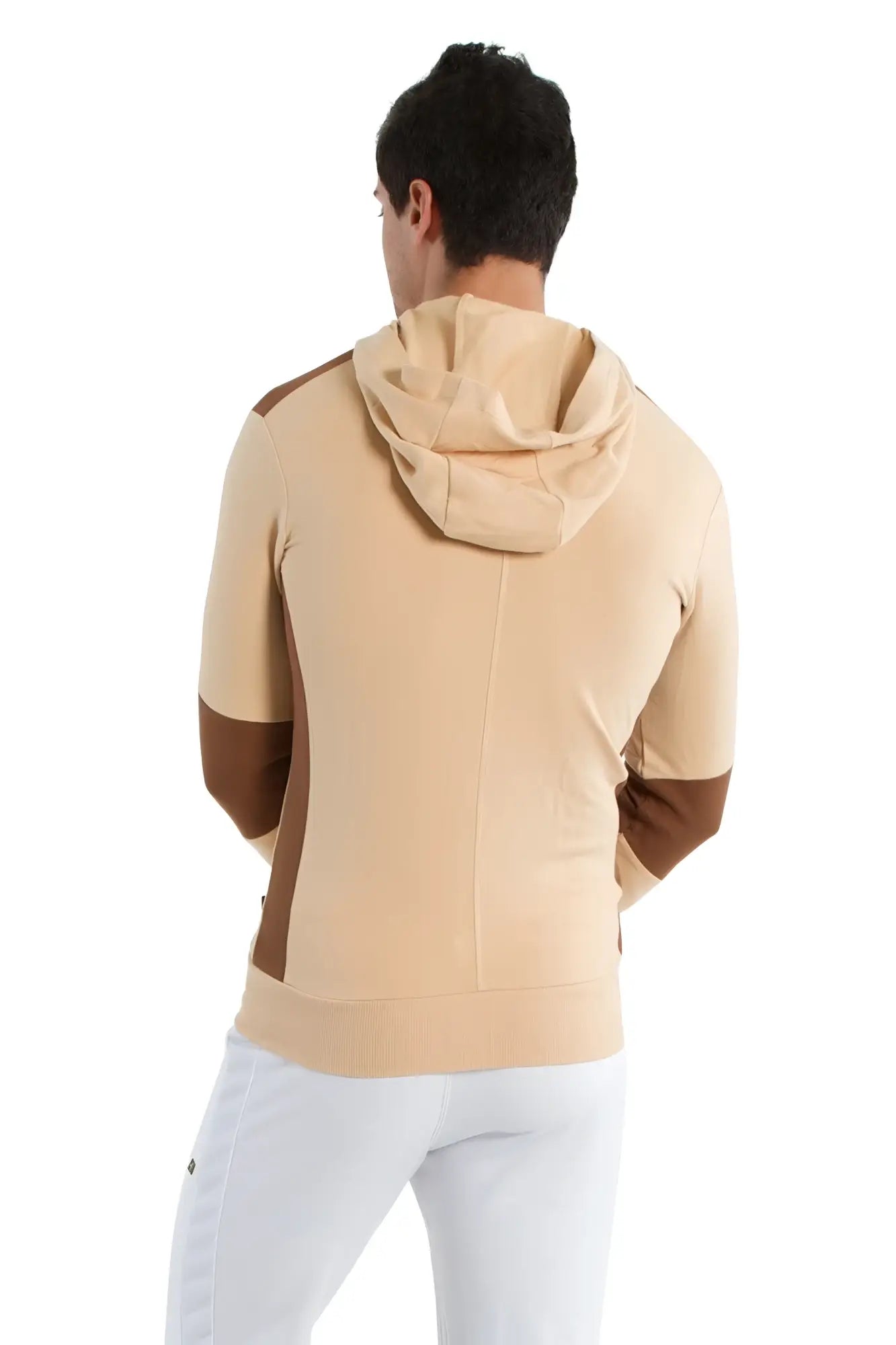 Beige and brown color-blocked form-fit crossover yoga track performance hoodie with sleek modern design in sand w chocolate