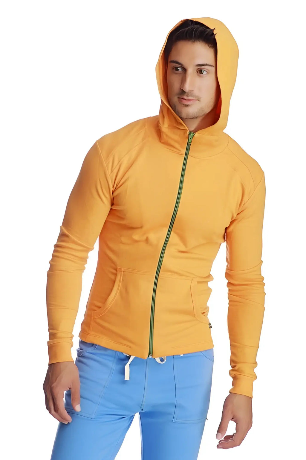 Form-fit crossover yoga track performance hoodie in sun orange yellow with green zipper trim and matching hood