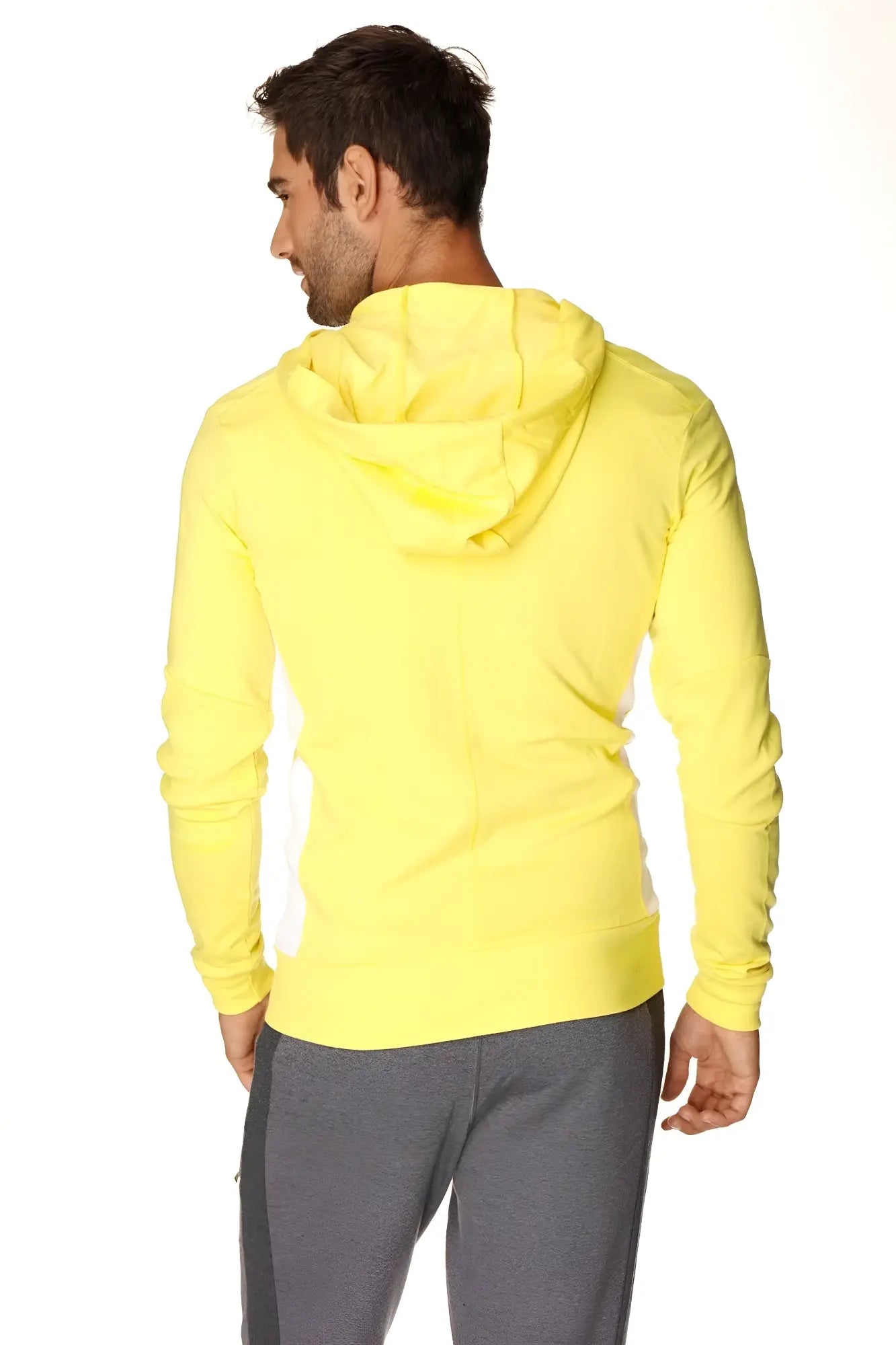 Bright yellow form-fit crossover yoga track performance hoodie with hood long sleeves and ribbed hem in tropic yellow w white
