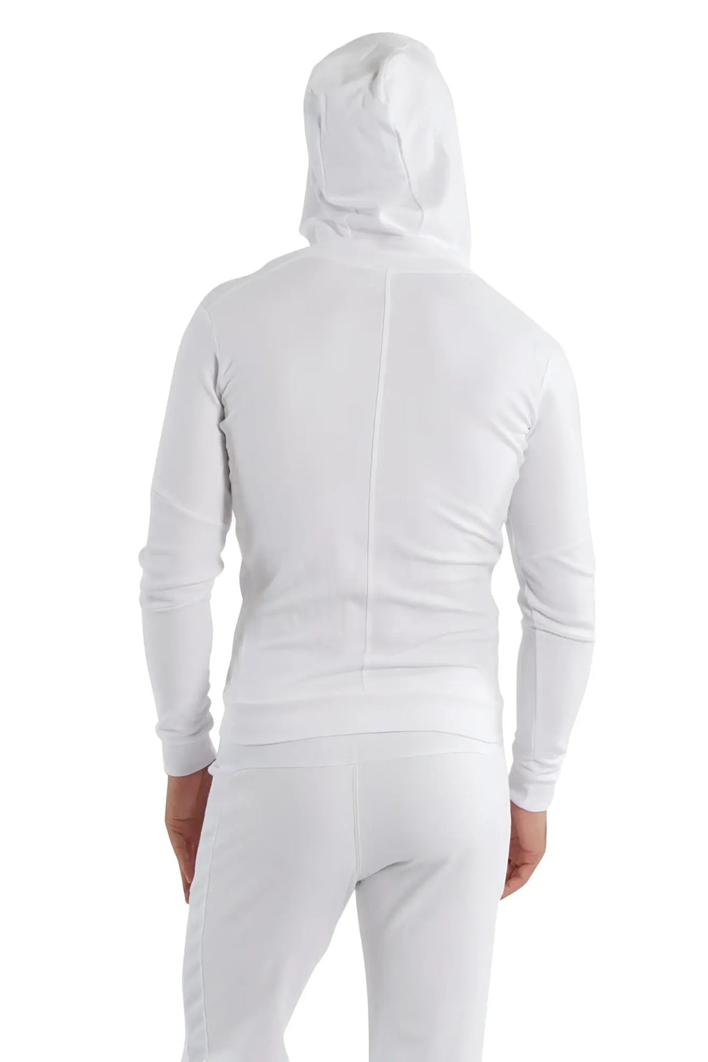 White hooded sweatshirt with sleek form fit design long sleeves and green zipper ideal for yoga and track performance