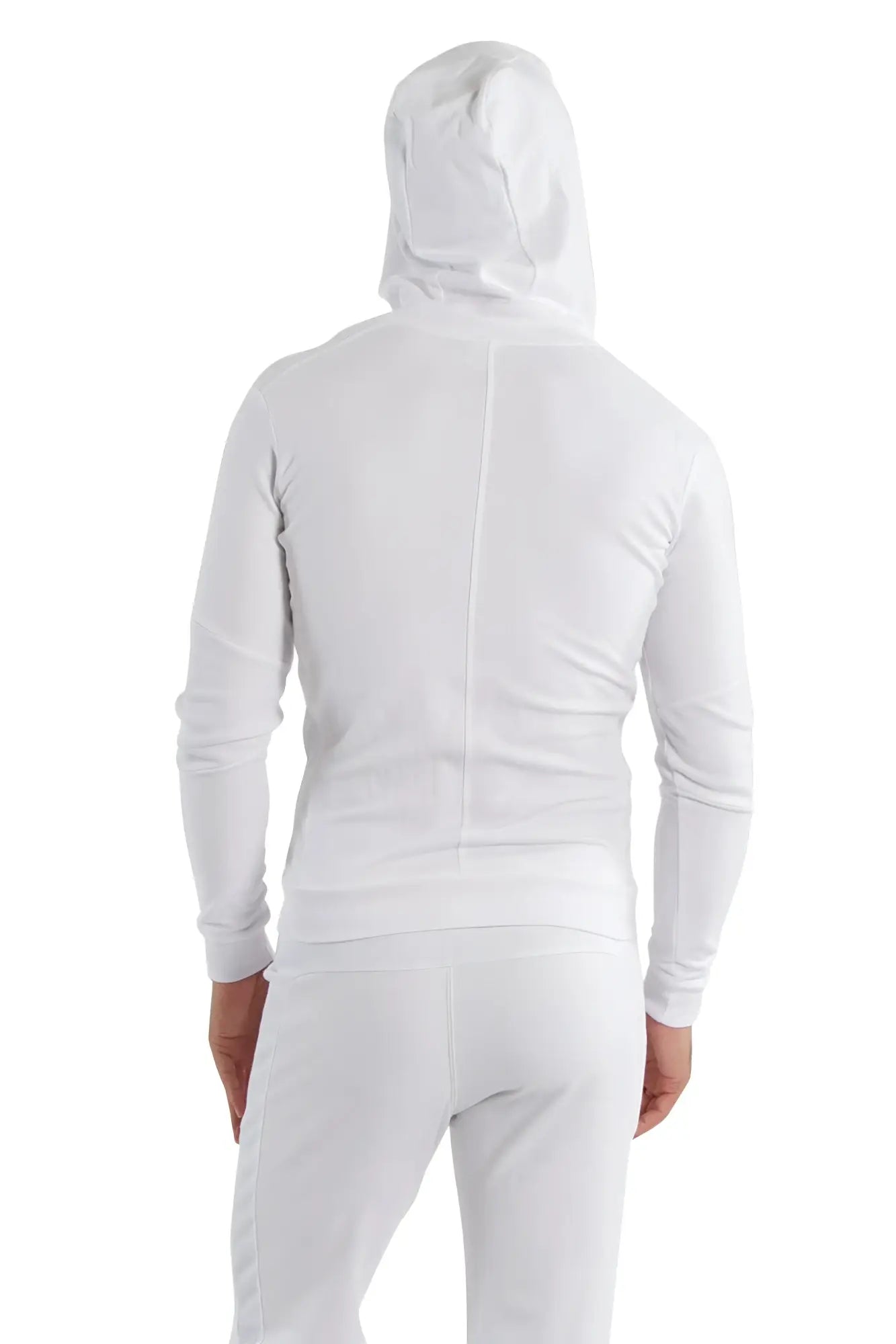 White hooded sweatshirt with sleek form fit design long sleeves and green zipper ideal for yoga and track performance