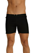 Fusion Yoga Short black swim trunks with sleek minimalist design and subtle white stitching along the waistband