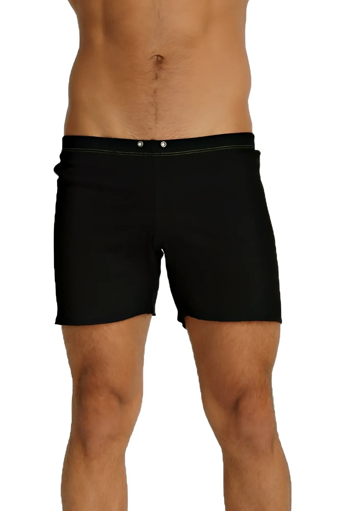 Fusion Yoga Short black swim trunks with sleek minimalist design and subtle white stitching along the waistband