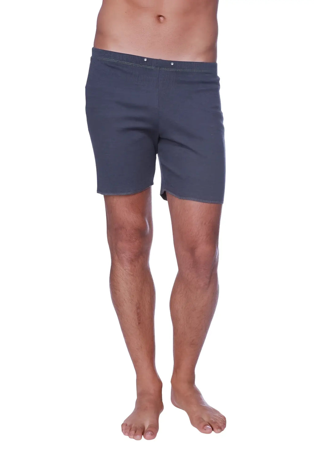Fusion yoga short in charcoal dark gray textured fabric with subtle pattern and button closure at the waist