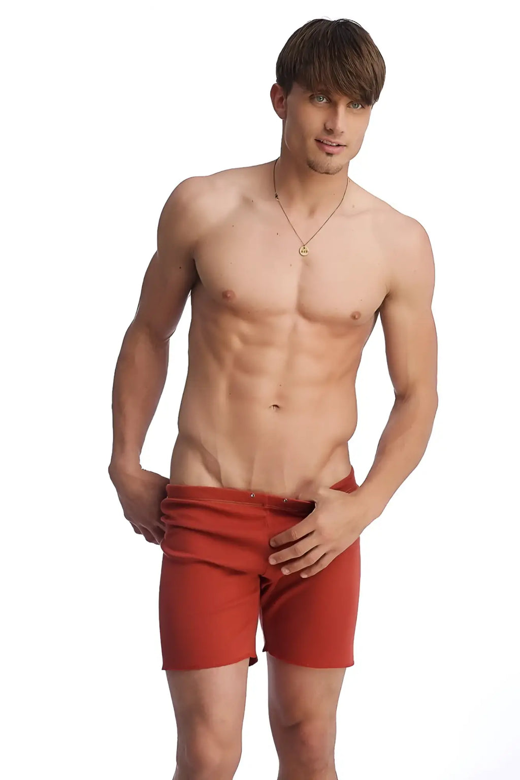 Fusion yoga short in cinnabar red features snug fit red athletic shorts with visible belt loops for active wear