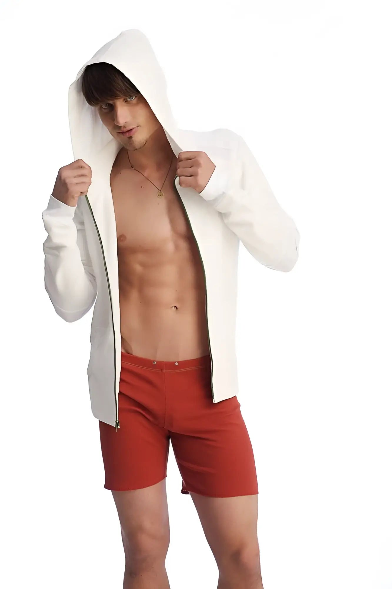 White hooded zip-up jacket with contrasting dark zipper trim designed for fusion yoga in cinnabar red color