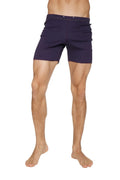 Navy blue cotton fusion yoga shorts with tailored fit and button closure at the waist