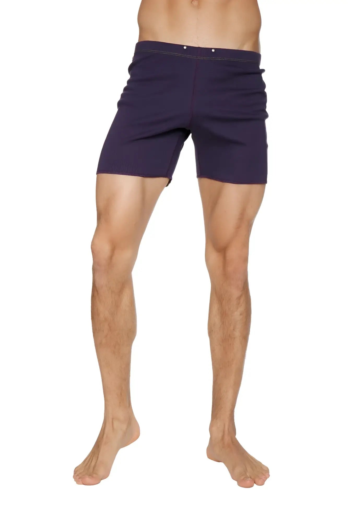 Navy blue cotton fusion yoga shorts with tailored fit and button closure at the waist