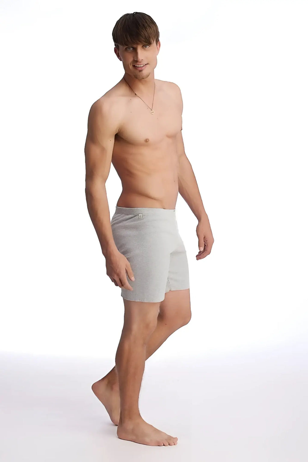 Fusion yoga short heather grey light gray soft textured men’s briefs with subtle brand logo on waistband