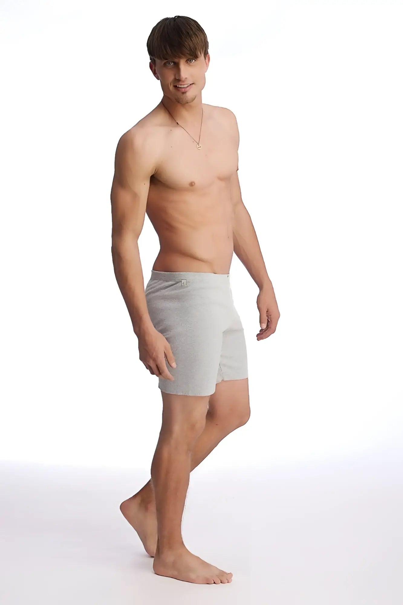 Fusion yoga short heather grey light gray soft textured men’s briefs with subtle brand logo on waistband