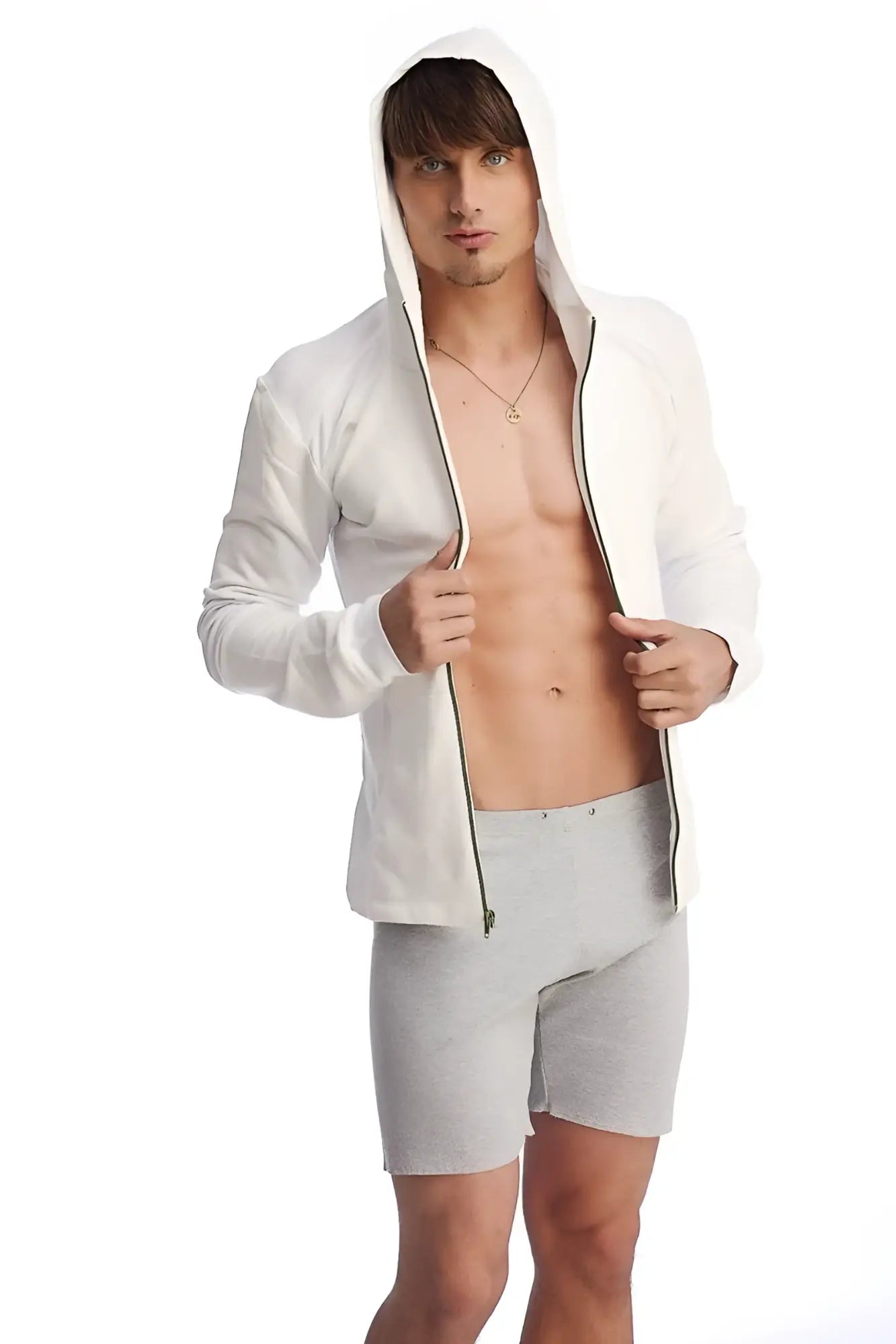 White hooded zip-up jacket with black zipper trim shown from the back, paired with heather grey fusion yoga short