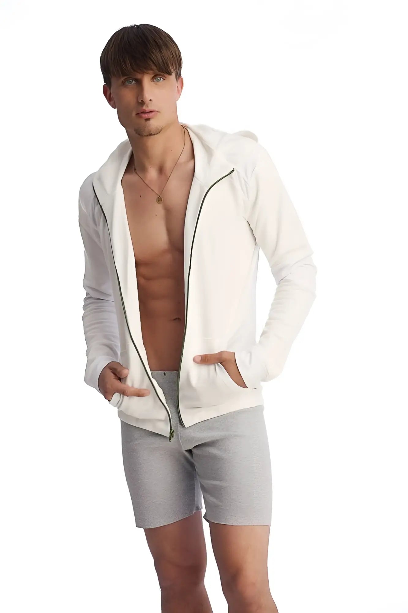 White zip-up hoodie with black zipper trim paired with heather grey fusion yoga shorts for activewear use